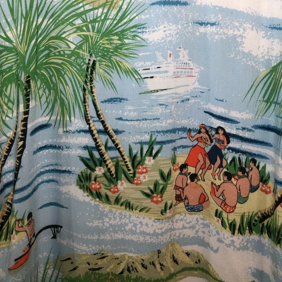 Vintage Cherokee Waikiki Hawaiian Camp Shirt 100% Rayon Large Hula Beach Scene - Picture 3 of 6